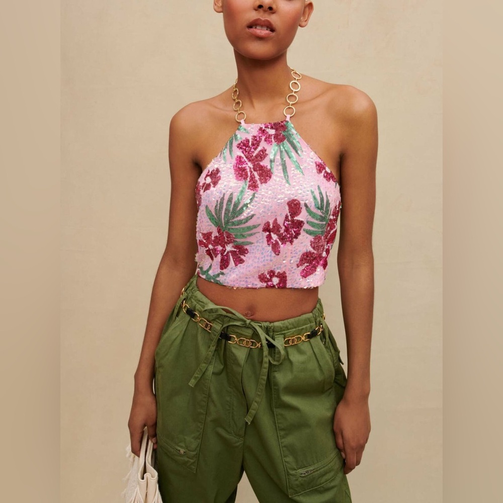 MAJE NWT hibiscus sequin crop top -pink/green -small